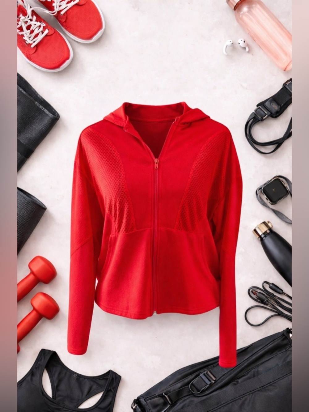 SHEIN Red Mesh Panel Hoodie Jacket